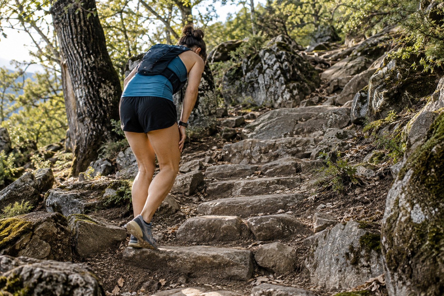 A runner slows to walk on rough woodland steps.