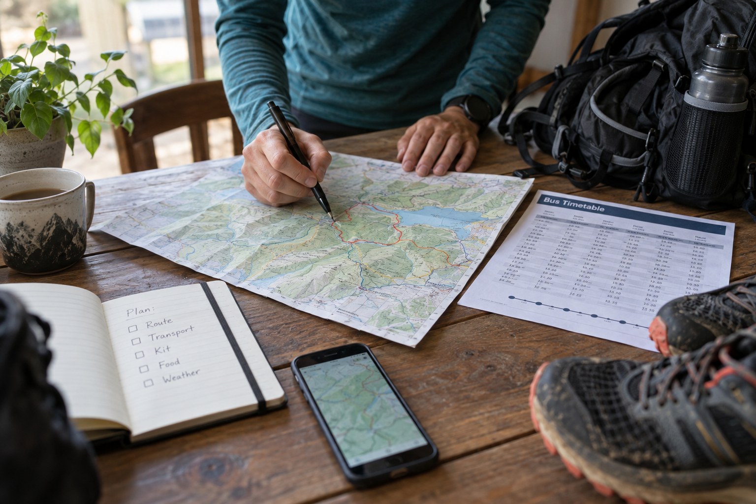 Route planning materials beside a transport timetable and pack.