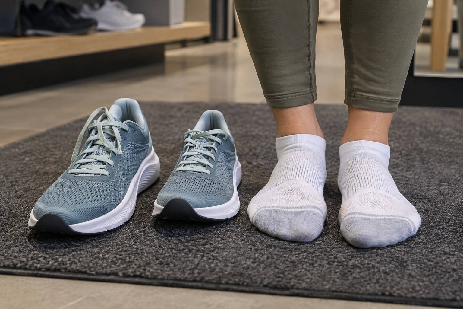 Two sizes of a running shoe beside socked feet on a fitting mat.