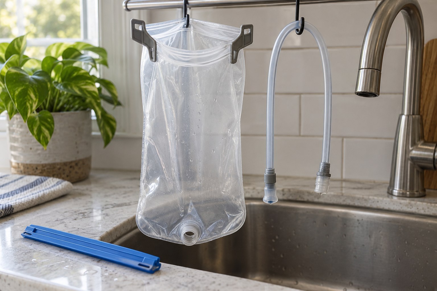 A hydration reservoir and detached hose drying above a sink.