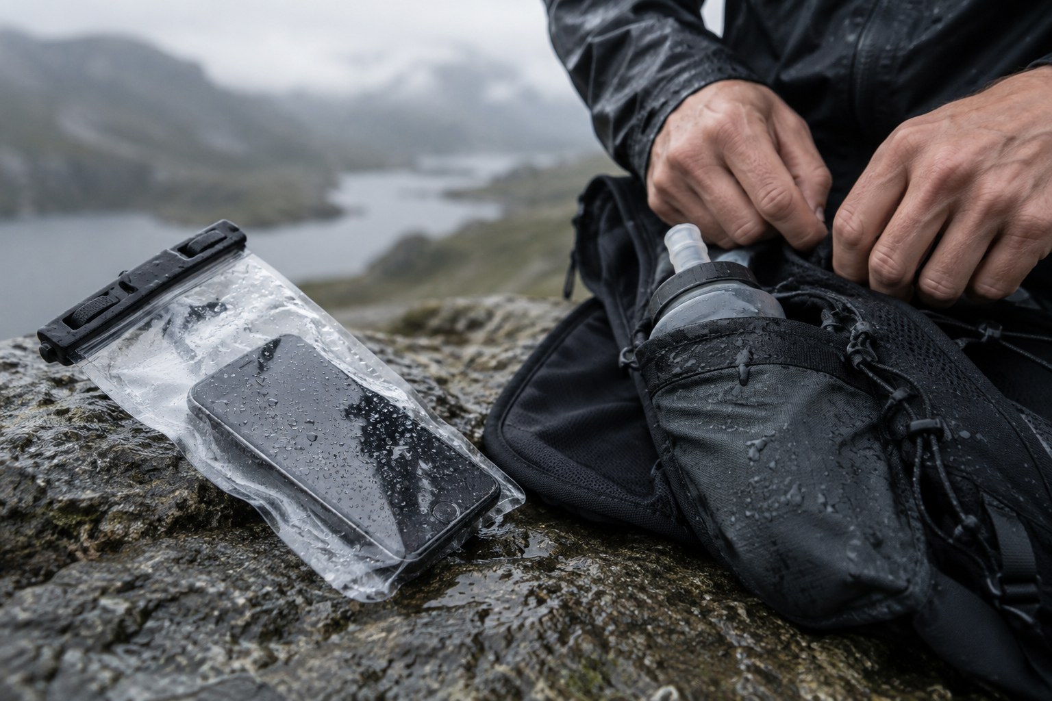 A phone enclosed in a clear waterproof pouch beside a wet running pack.