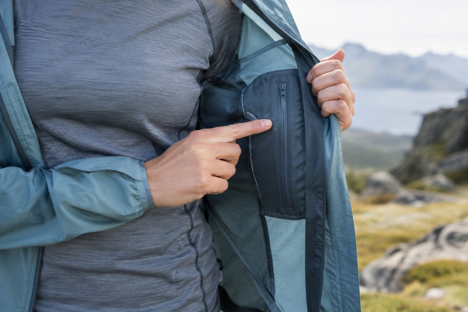 A hand examines the zipped pocket of a running jacket.