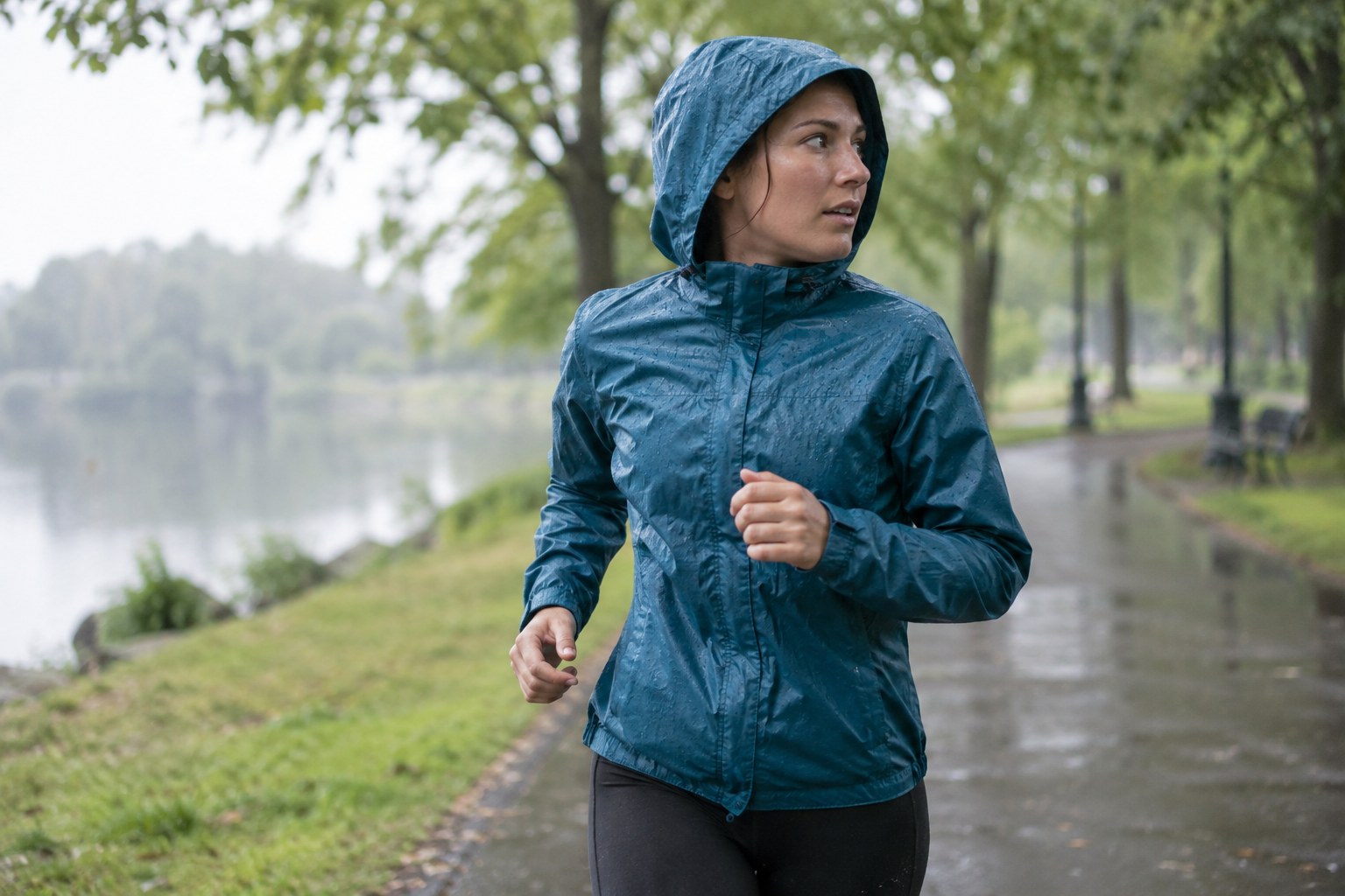 A runner turns their head while wearing a rain-jacket hood.