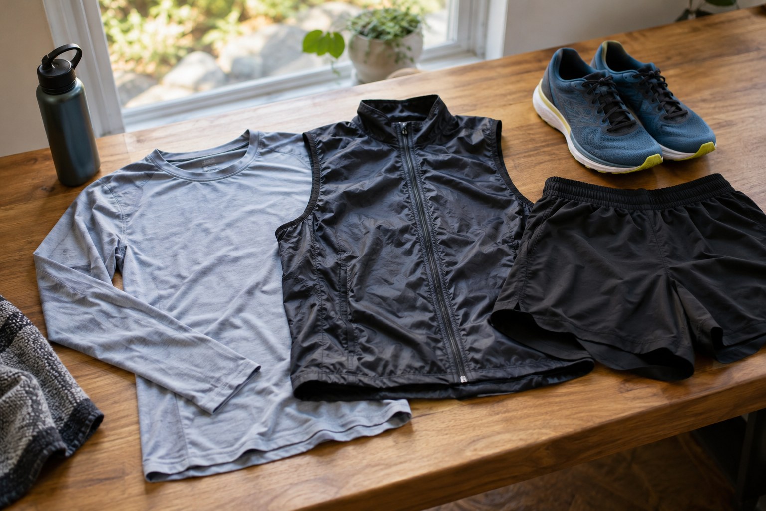 Technical layers laid beside shorts and running shoes.