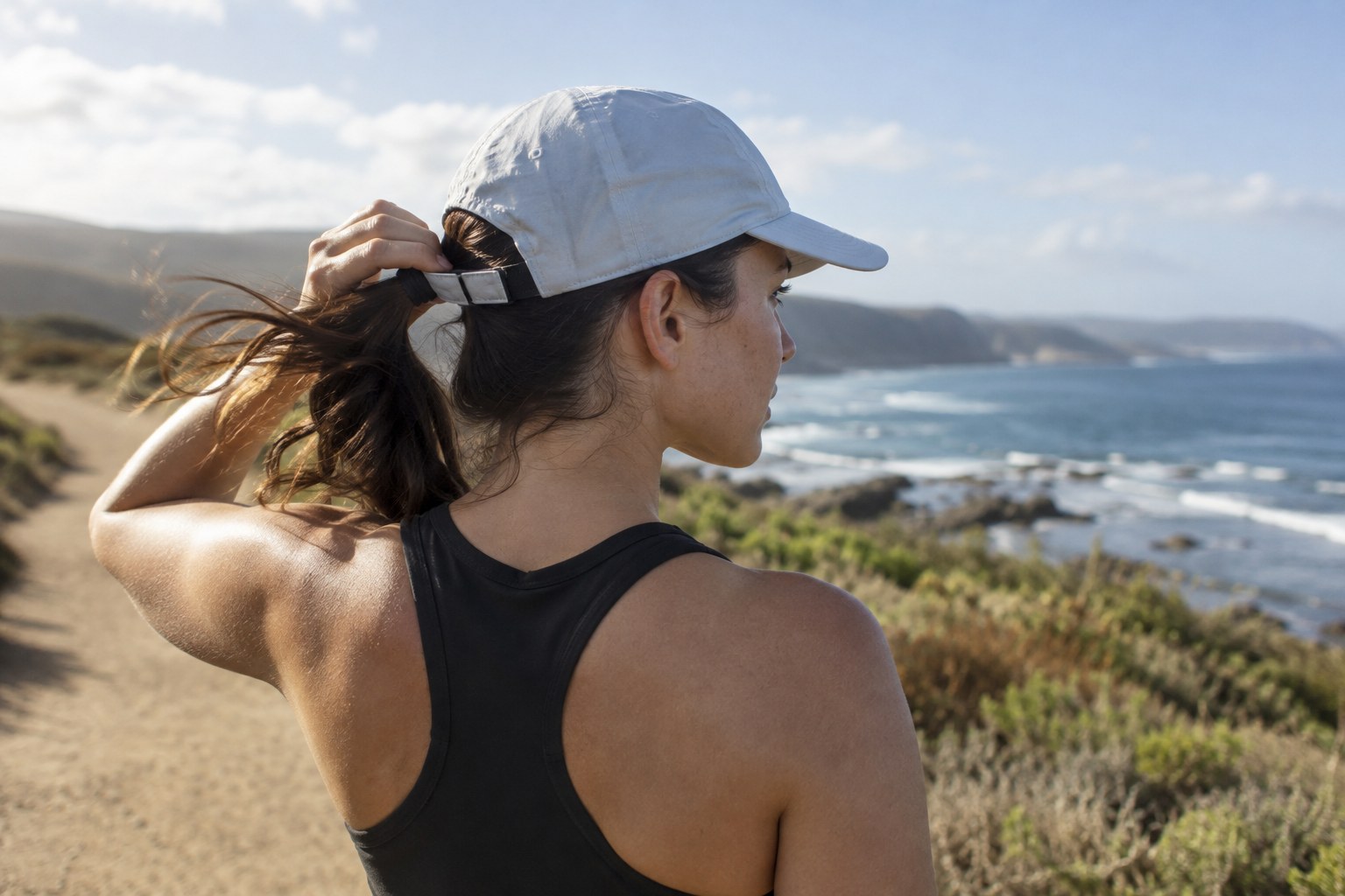 A runner adjusts the strap of a lightweight cap.