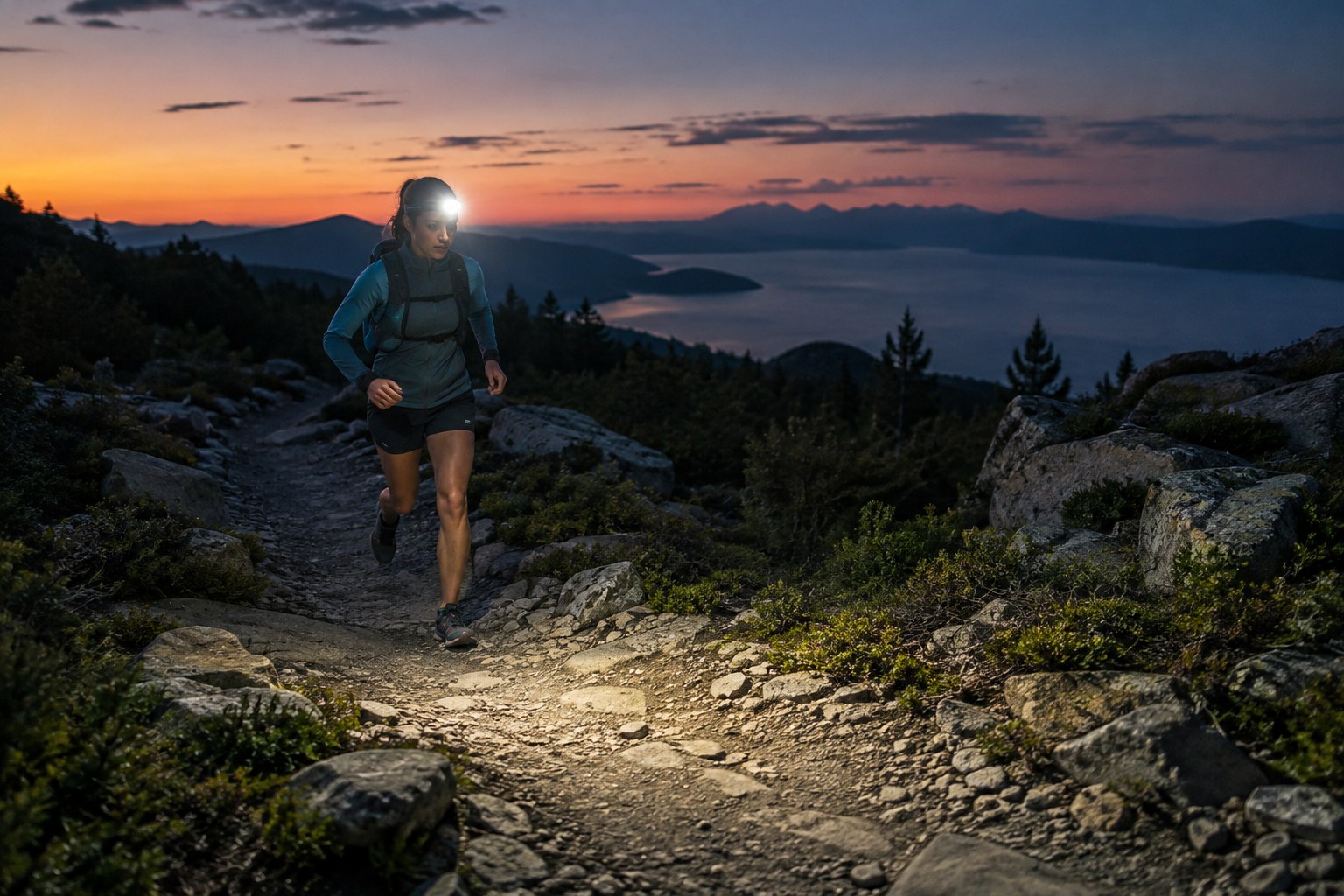 A headlamp casts a broad beam over an uneven trail.