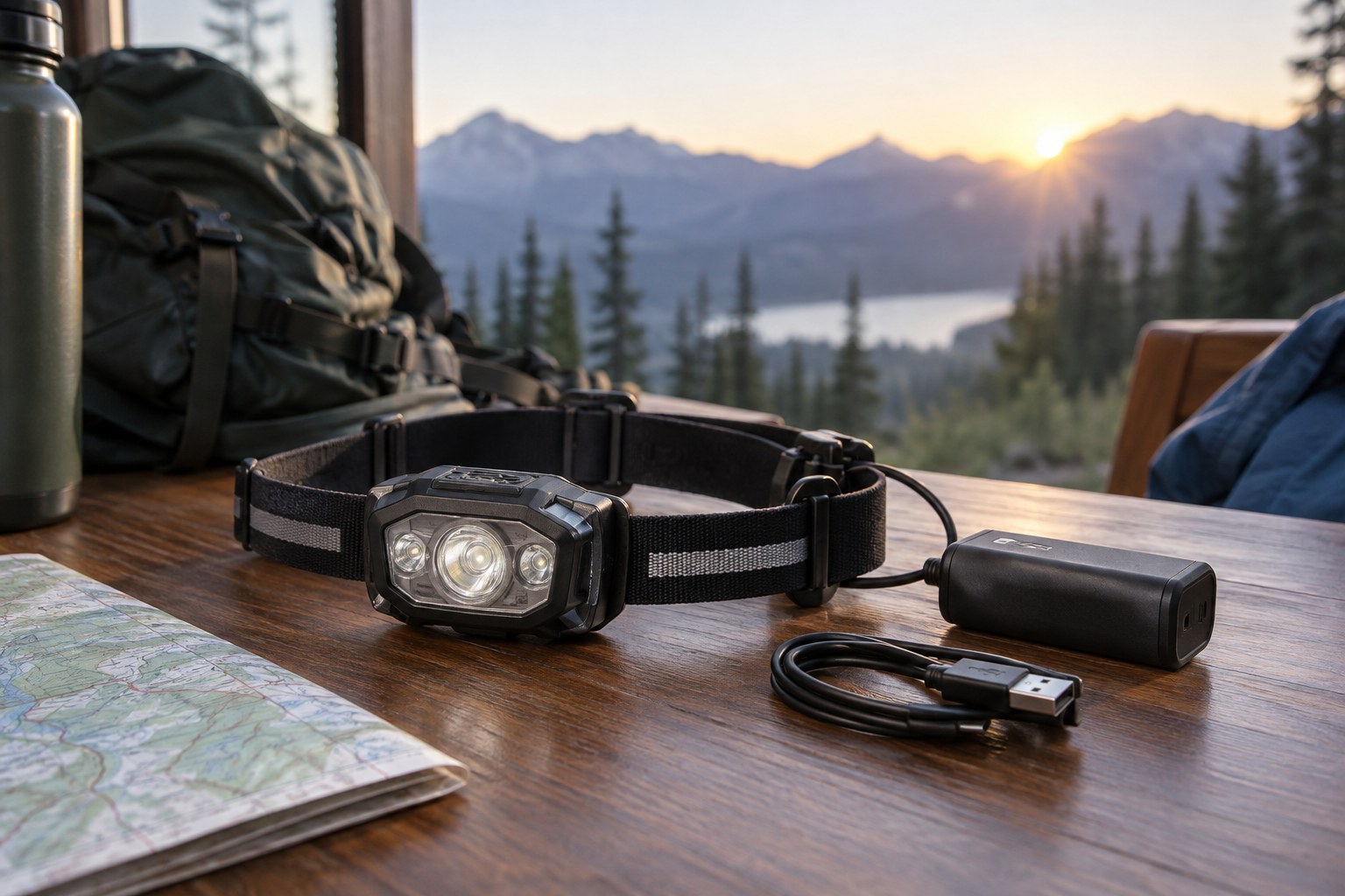 A headlamp beside spare power and a charging cable.