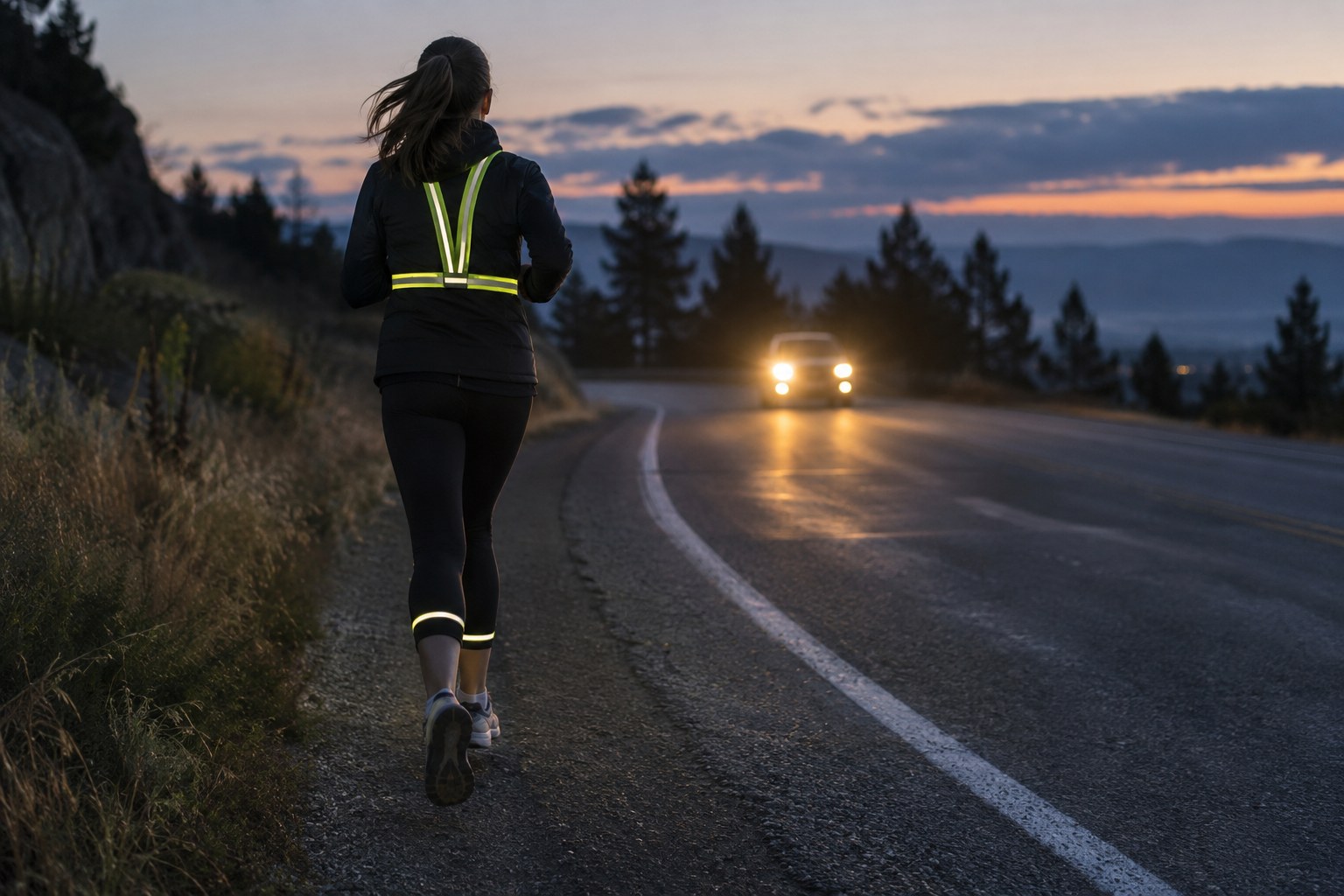 Reflective clothing details on a runner at dusk.
