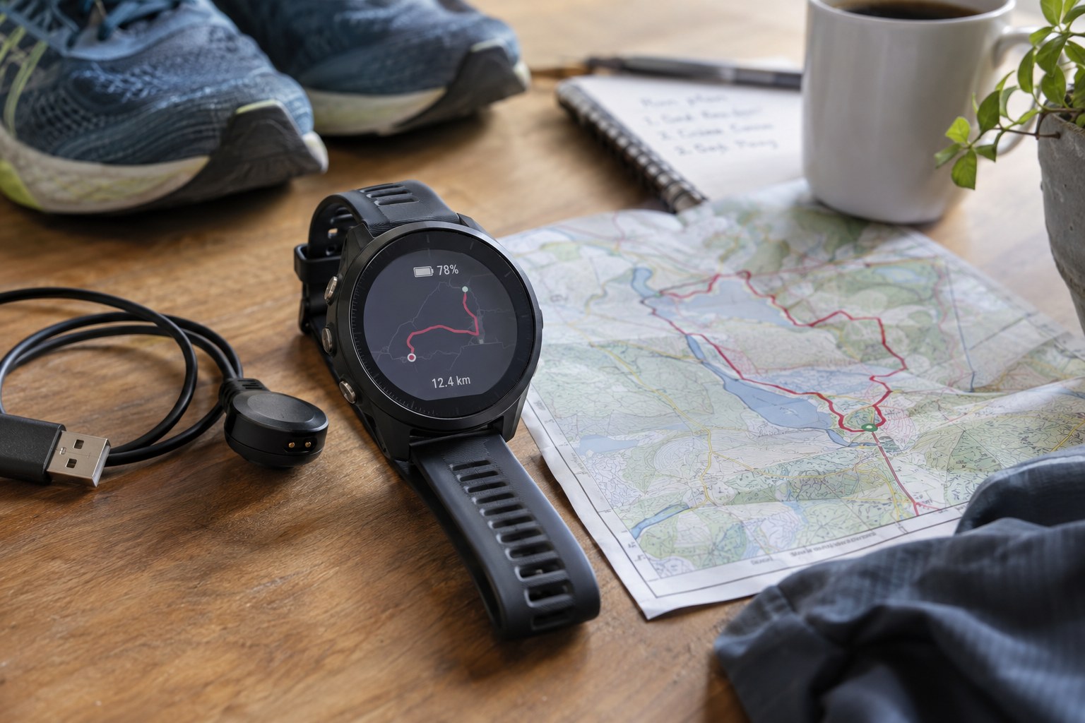A running watch beside a charging cable and route map.