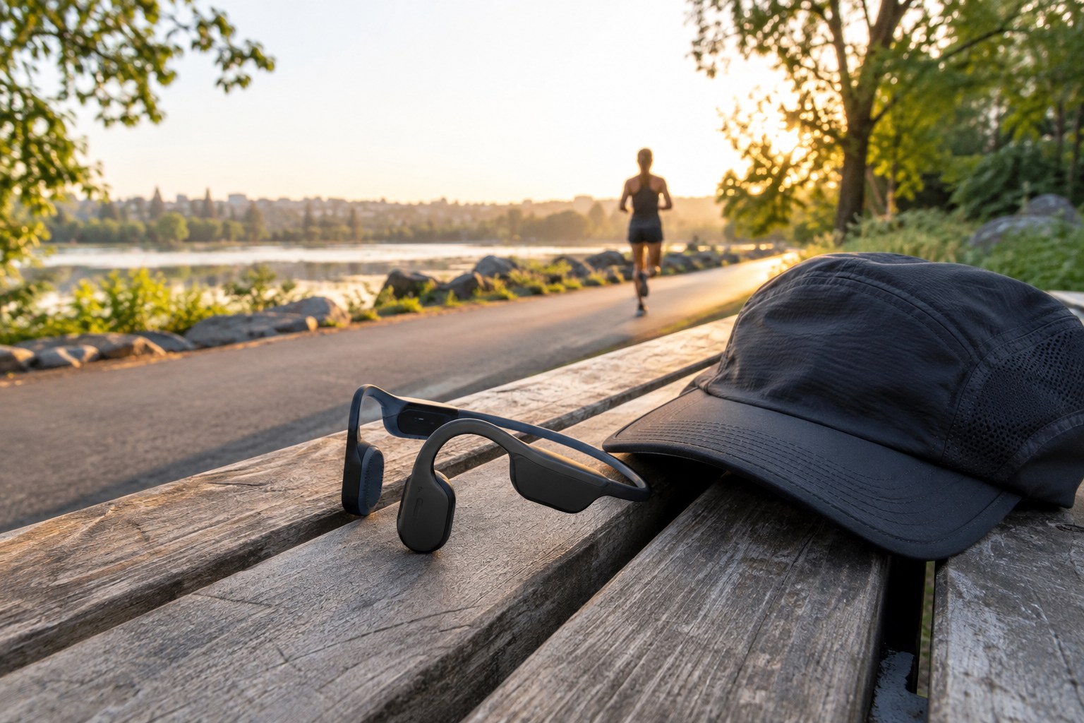 Open-ear sports headphones beside a running cap.
