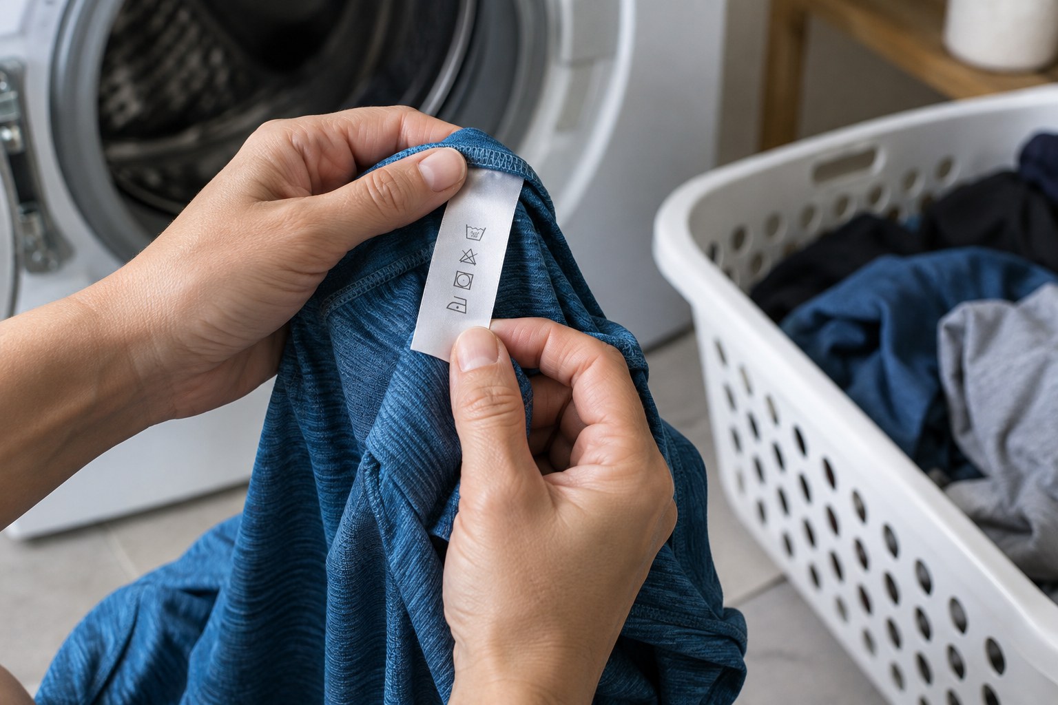 Hands check a technical shirt’s care label beside a laundry basket.