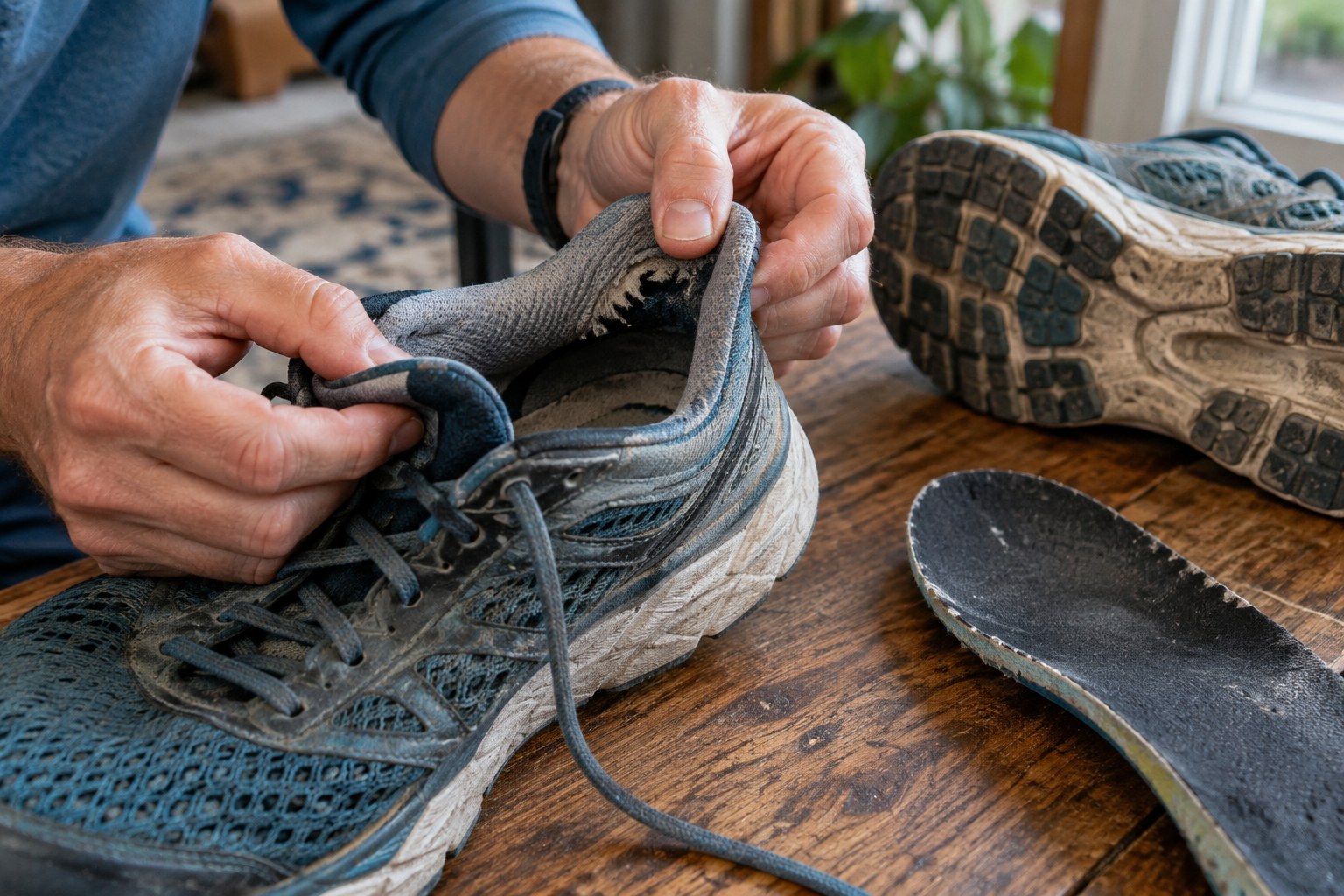 Hands inspect the lining and seams of a worn running shoe.