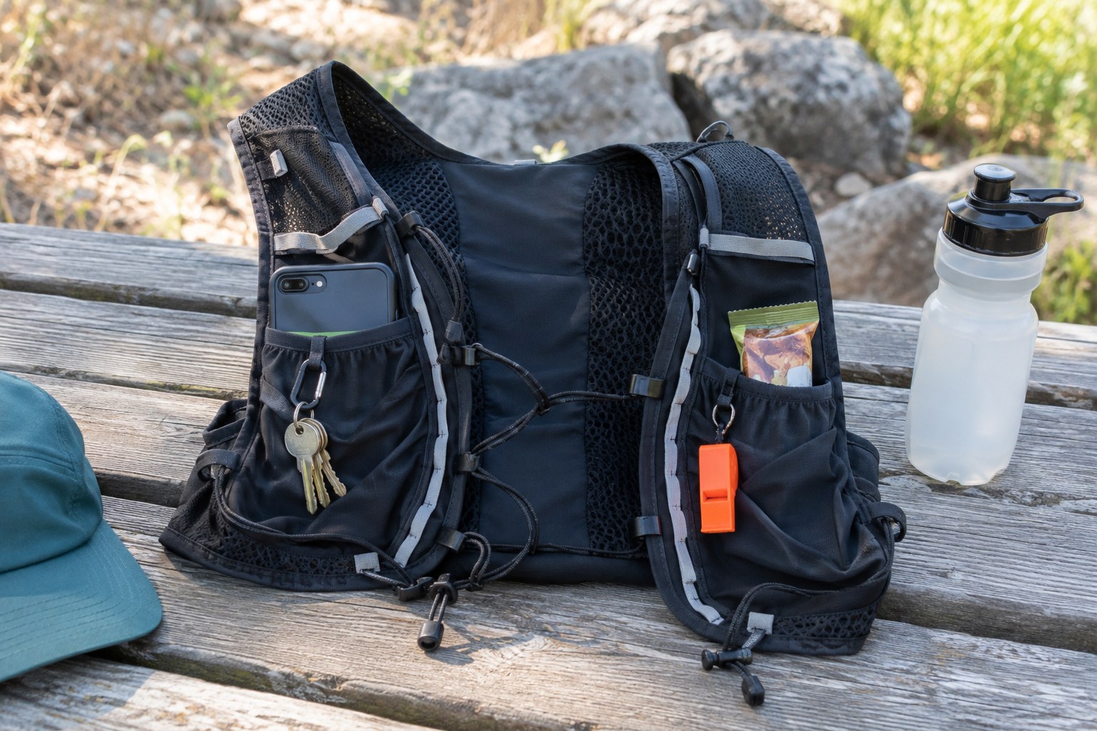 Small essential items arranged beside the pockets of a trail vest.