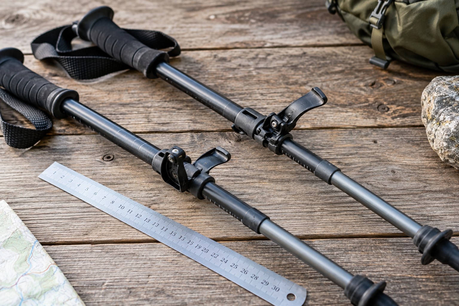 Pole locking clamps examined beside a measuring tool.