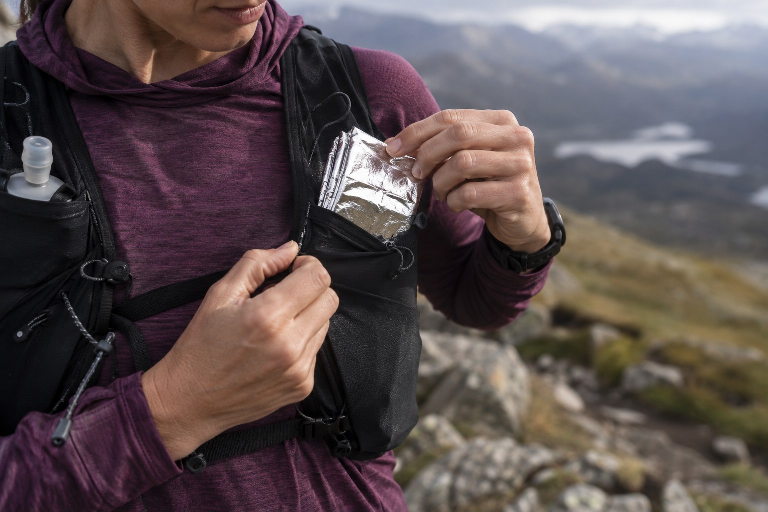 A folded foil emergency blanket in an accessible pack pocket.