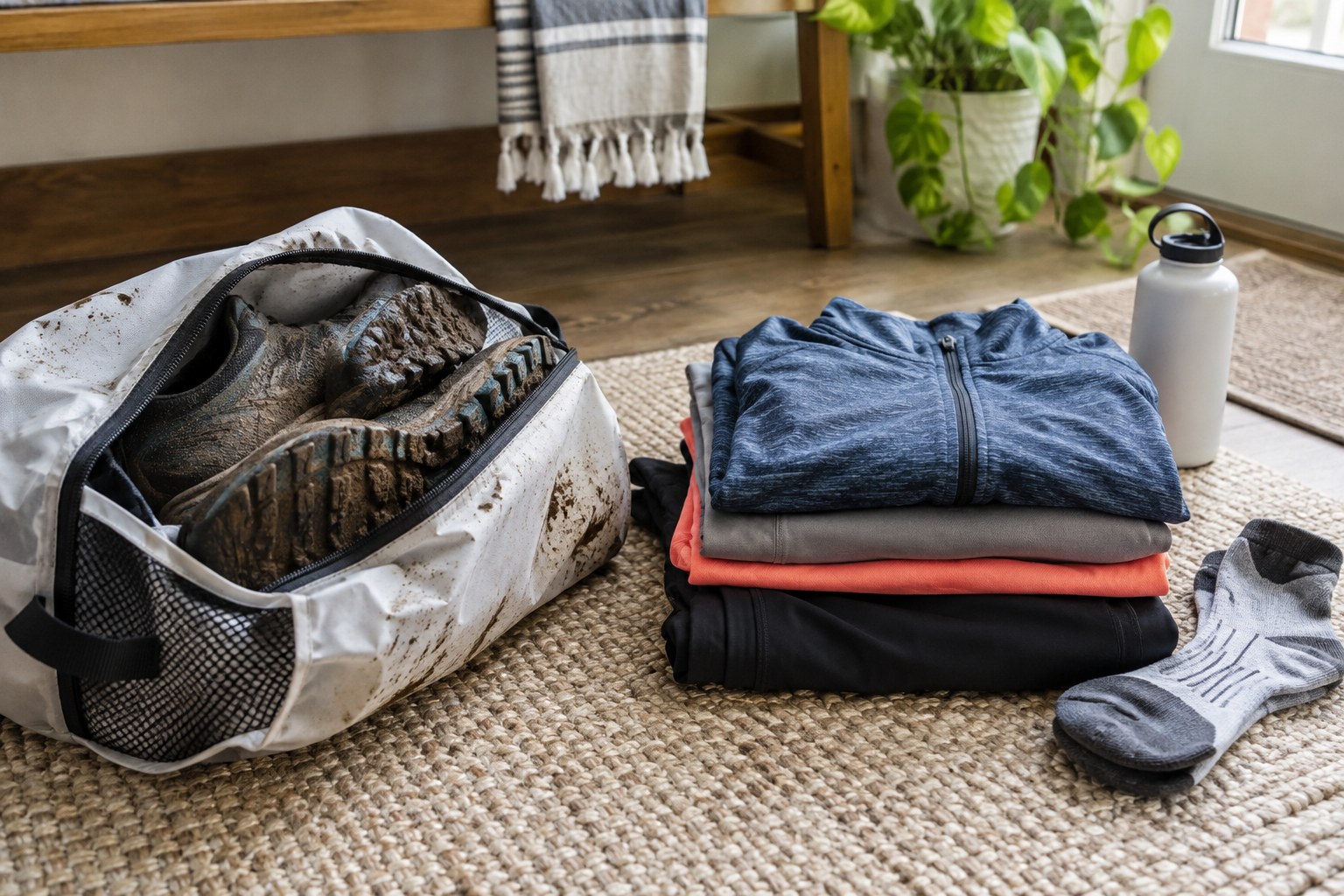 Muddy shoes in a separate bag beside clean clothing.