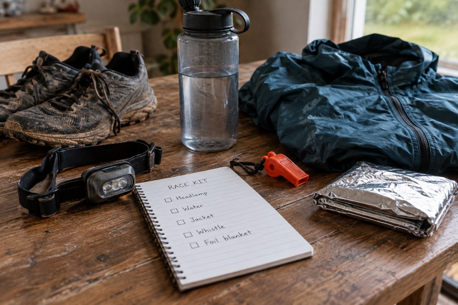 Trail race equipment arranged beside a checklist.