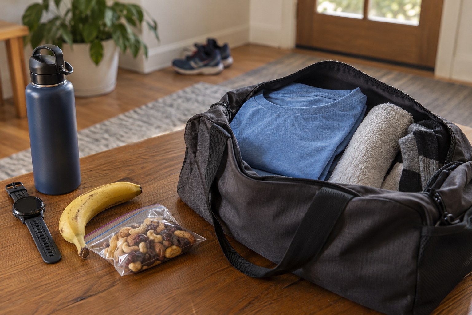 A compact bag prepared with dry clothing and a towel.