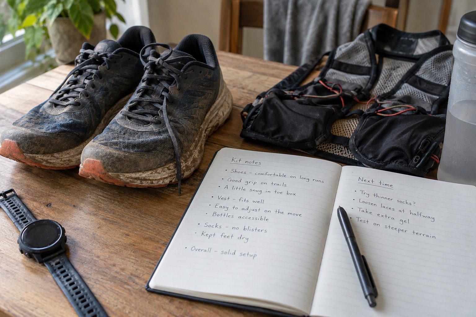 Kit observations in a notebook beside used running equipment.