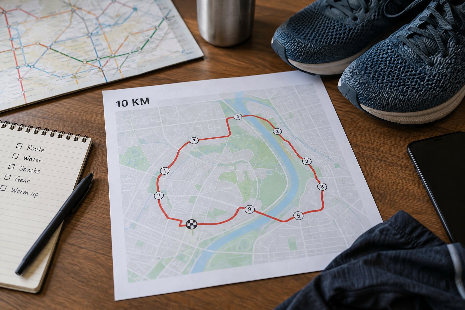 A ten-kilometre course outline beside travel planning materials.