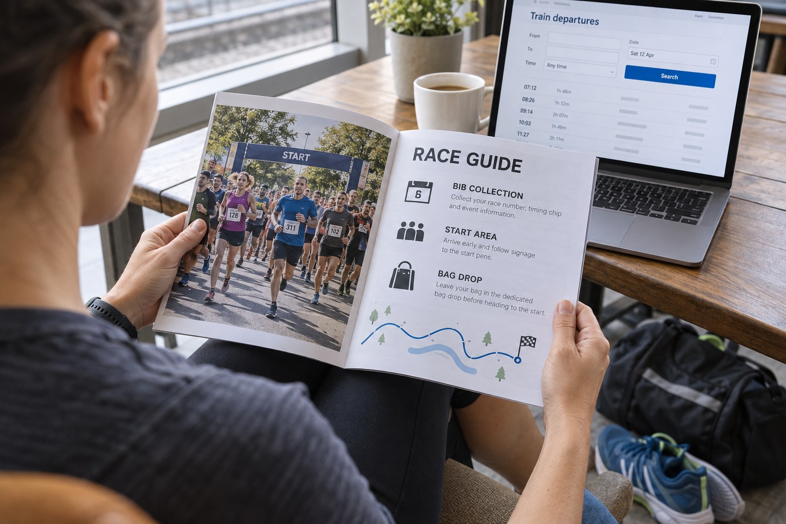 An event guide consulted beside travel planning materials.