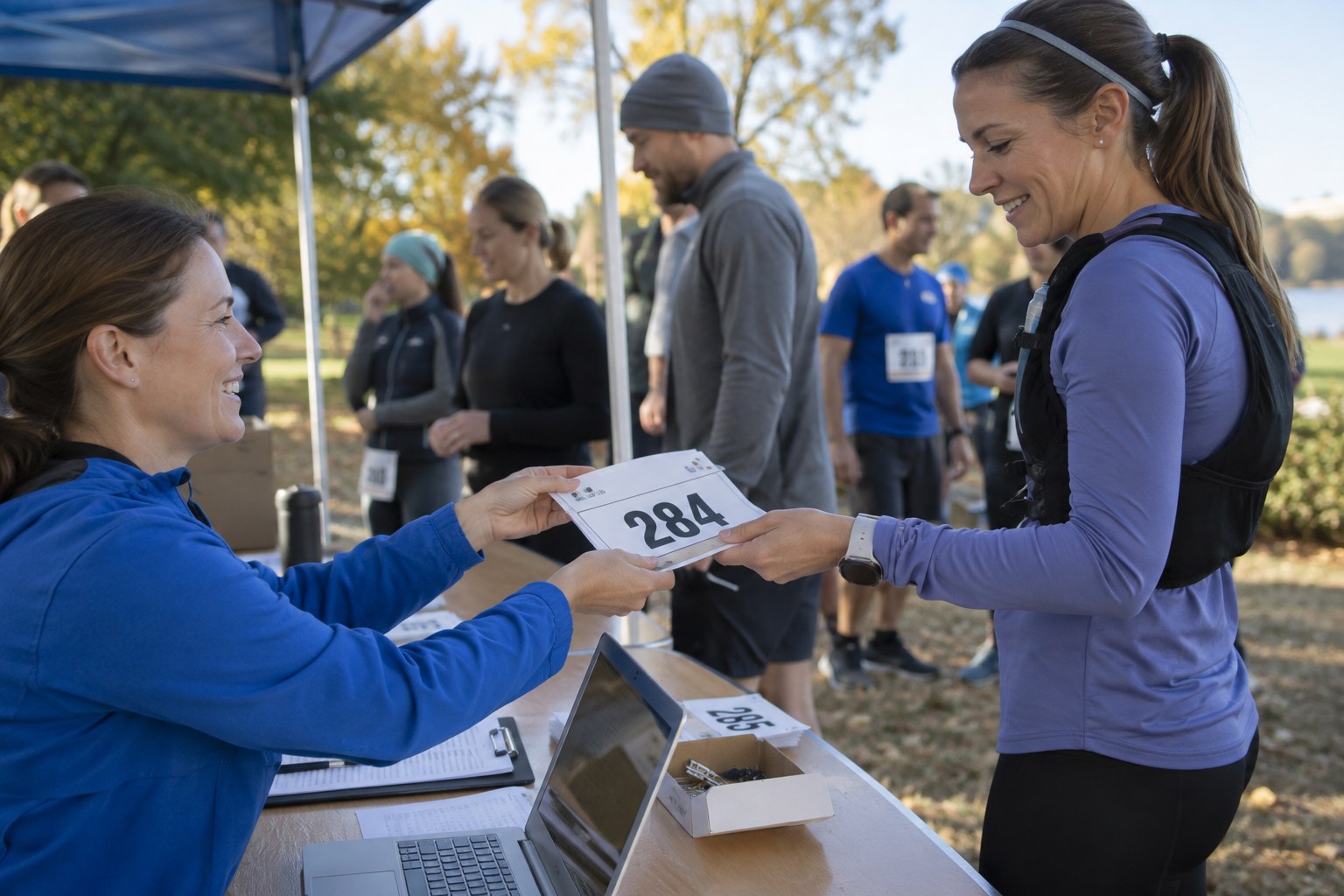 A volunteer hands a numbered race bib to a participant.