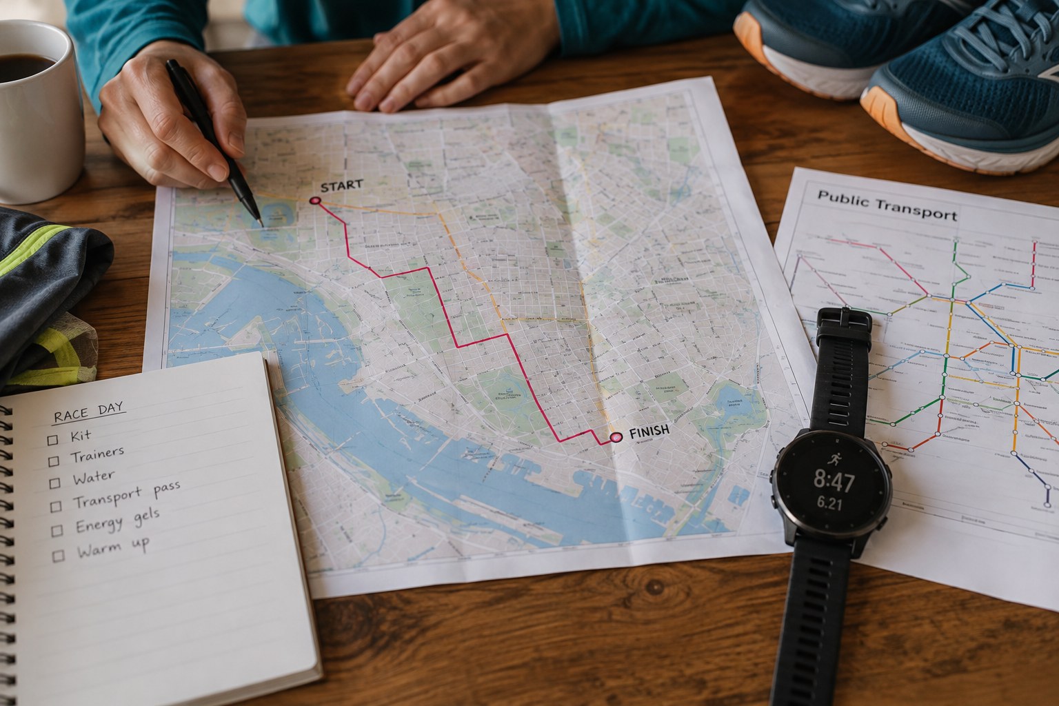 A map to a race start beside a transport plan and watch.