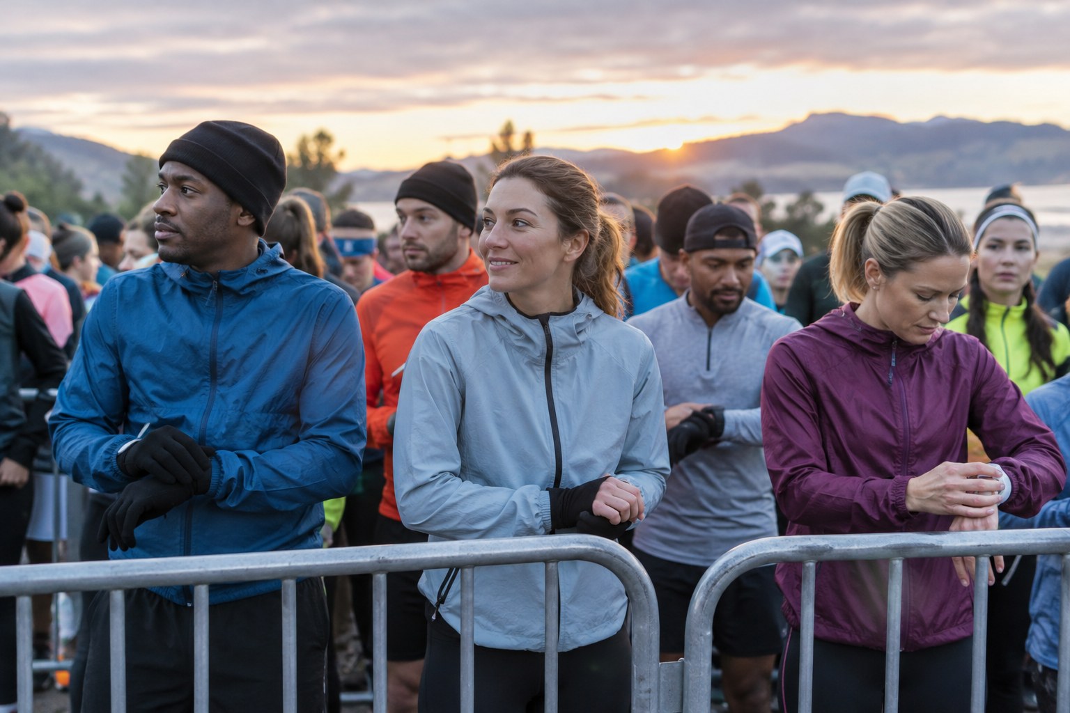 Runners wait in extra clothing before a cool morning start.