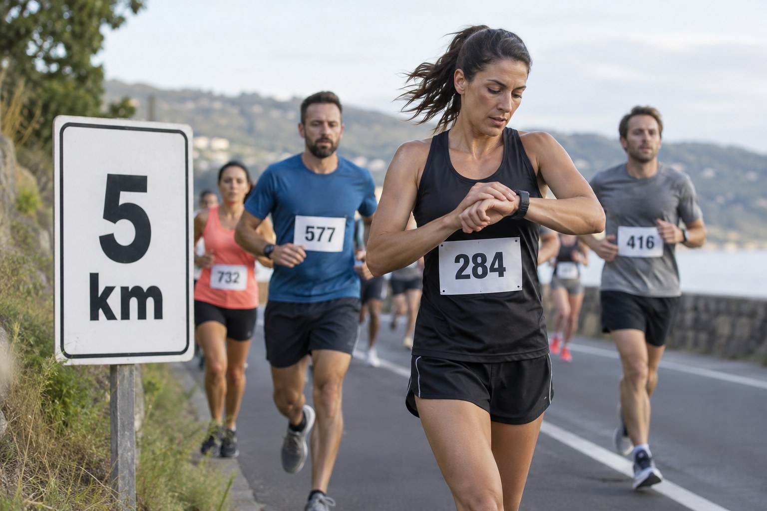 A runner passes a five-kilometre course marker.