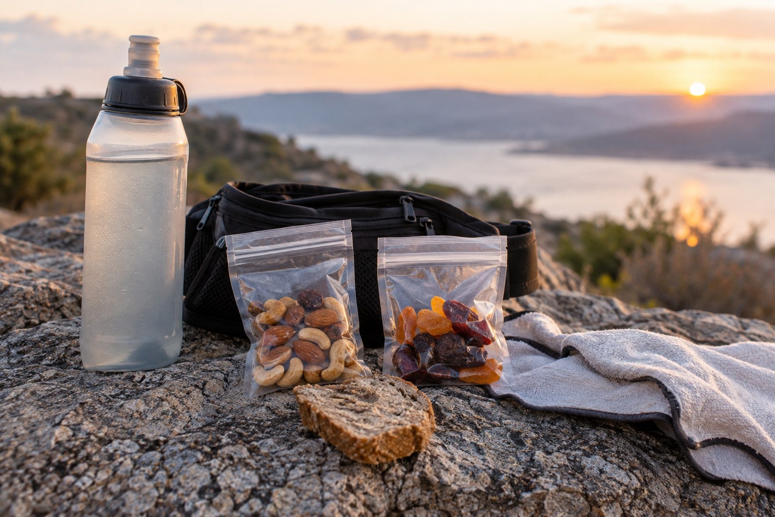 Familiar snacks packed beside a running belt and soft flask.