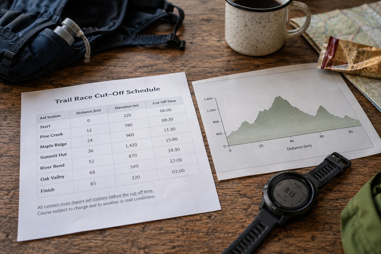 A trail cut-off schedule beside an elevation profile.