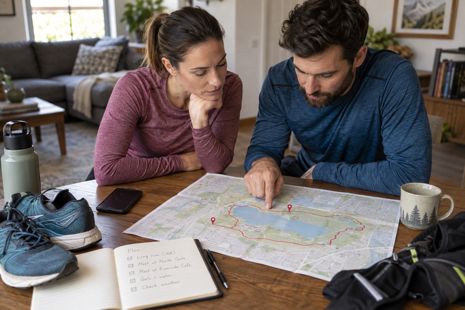 Two people mark meeting points on a race course map.
