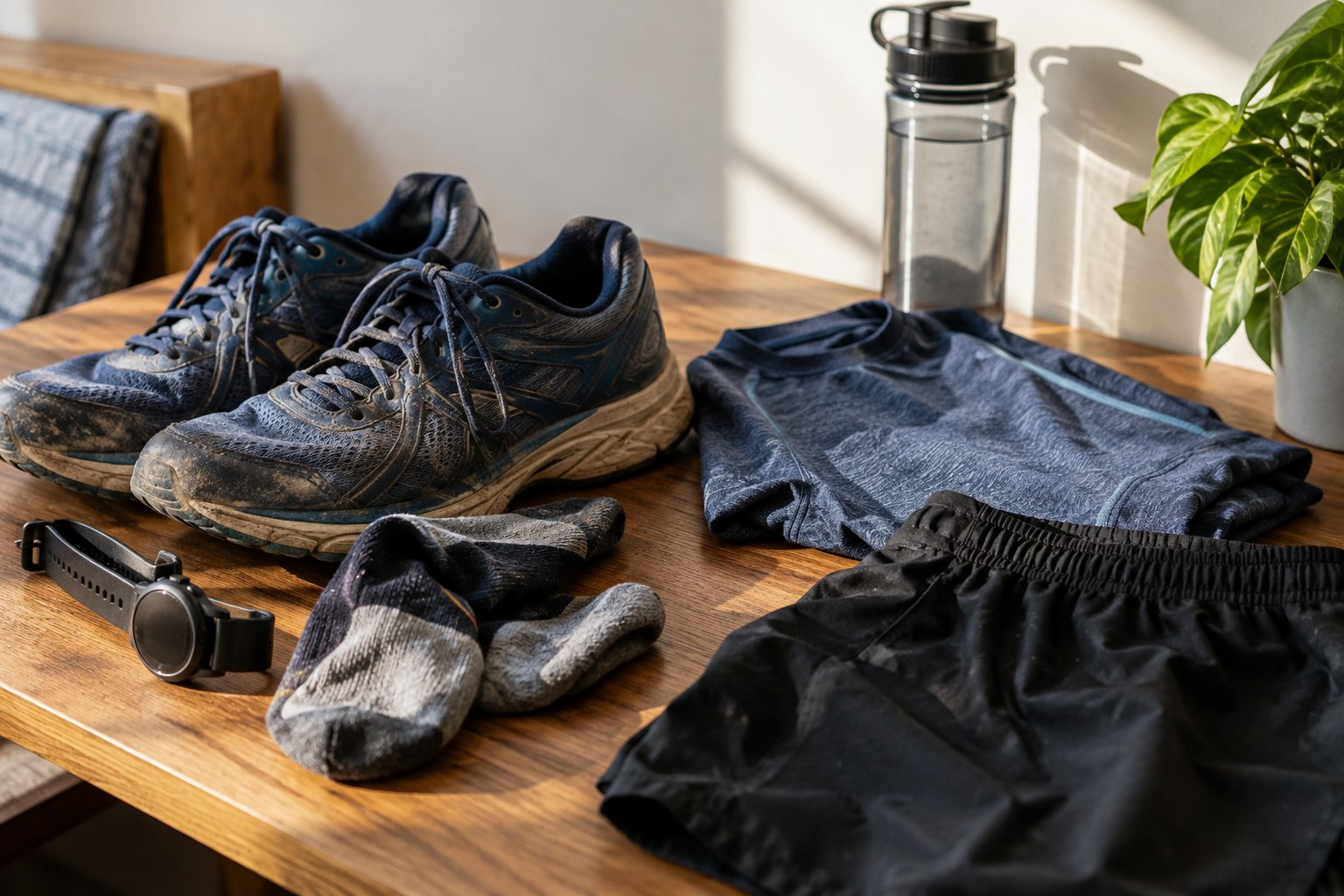 Previously used shoes and equipment laid ready before a race.