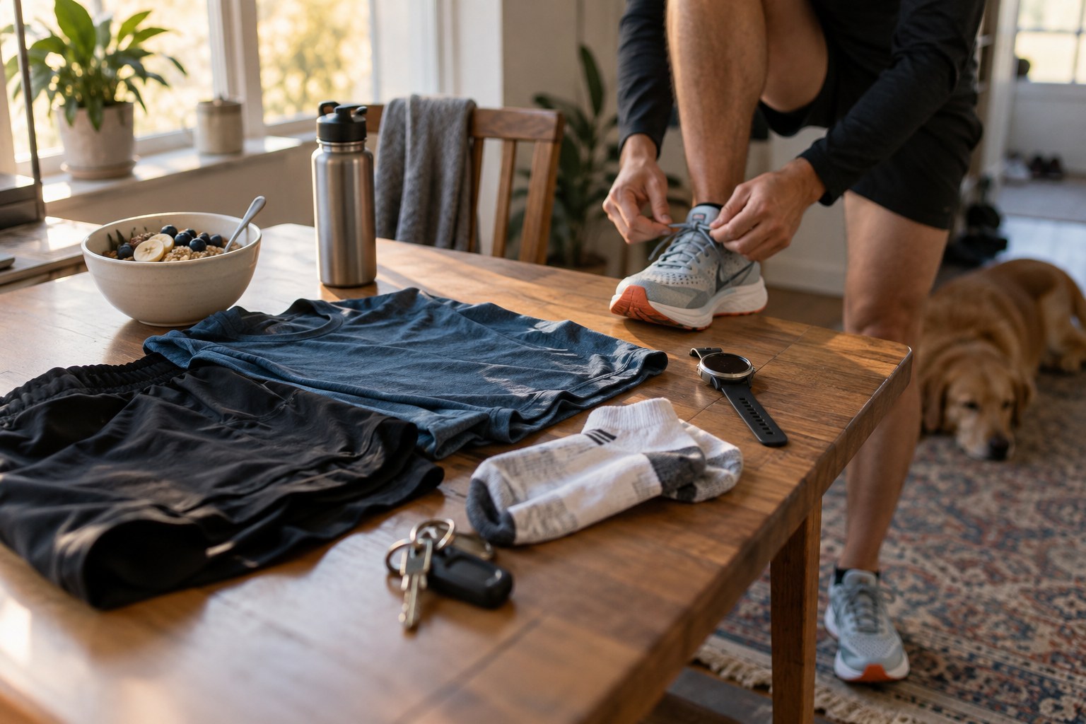 Running clothing, keys and breakfast ready early in the morning.