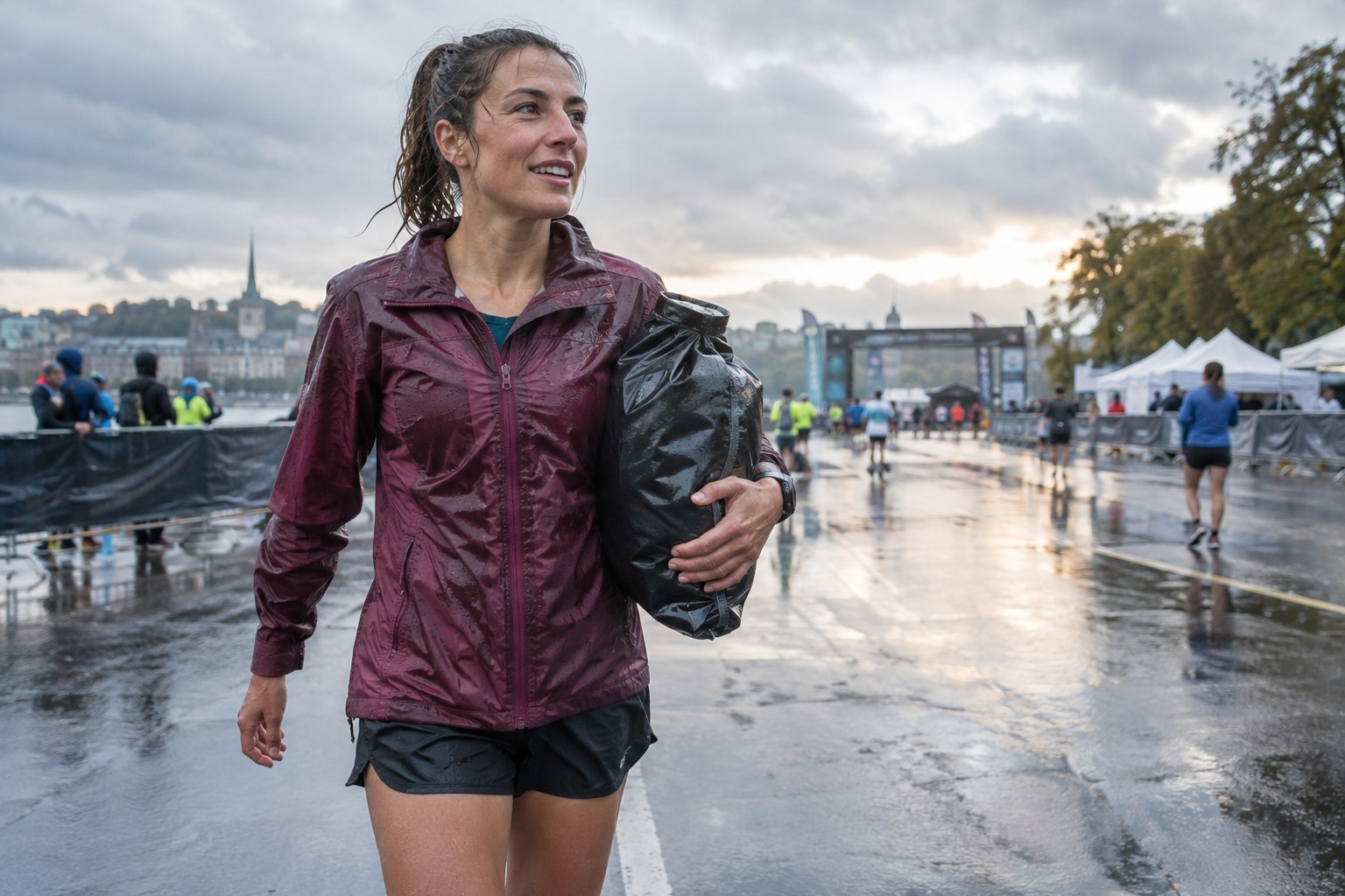 A runner holds a bag of dry clothes in a wet finish area.
