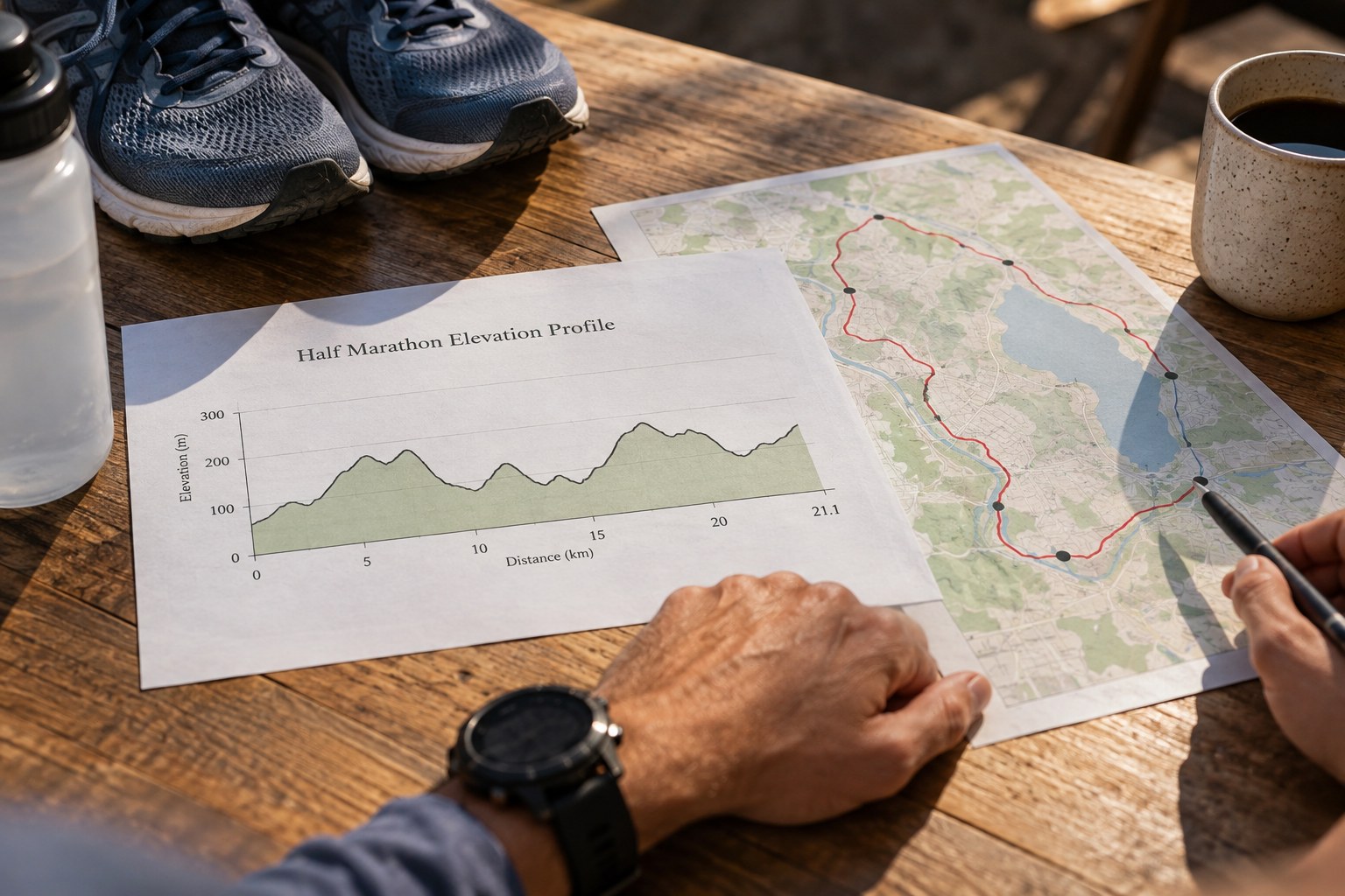 A half-marathon elevation profile beside a route map.