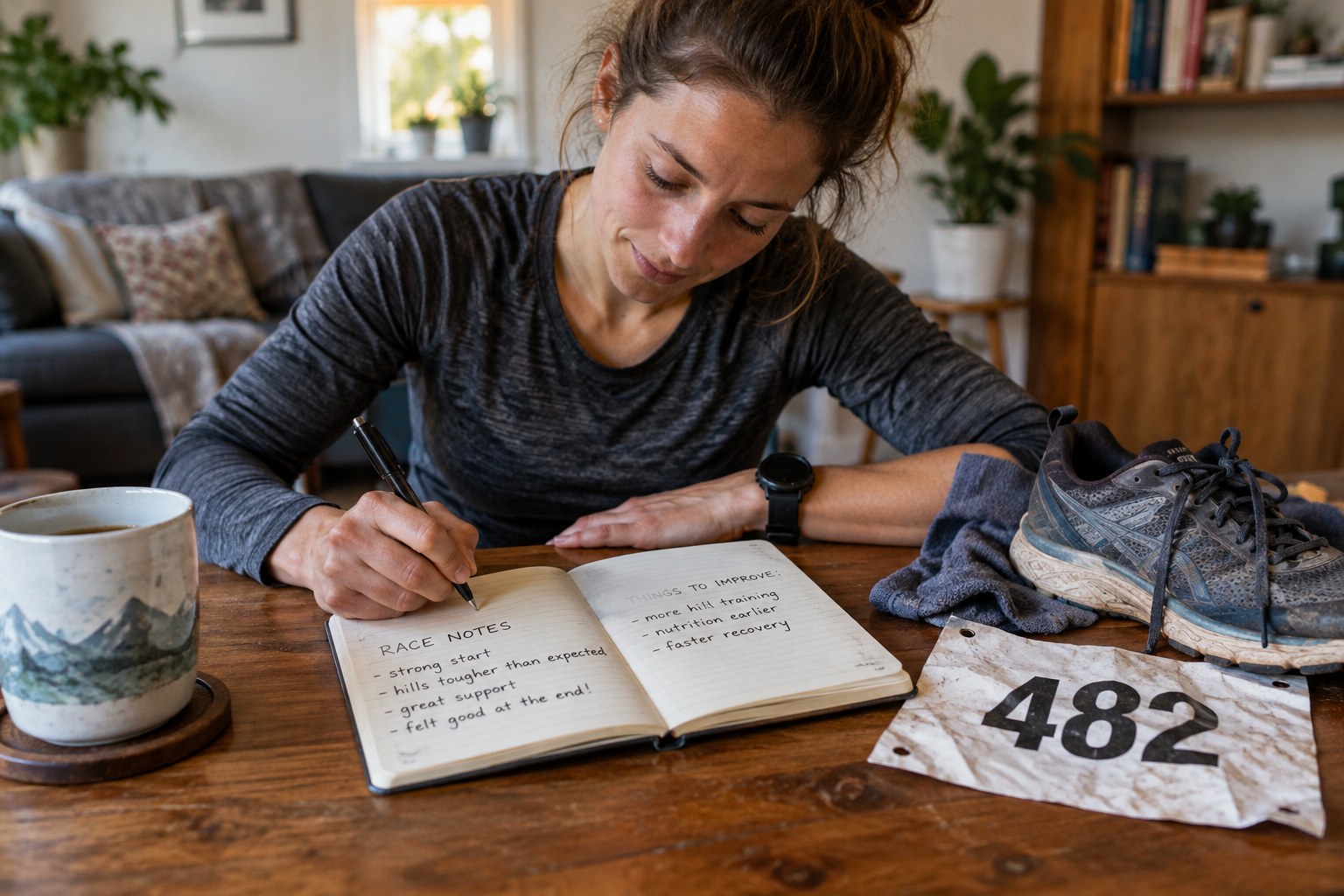 A runner writes race observations beside a used bib.