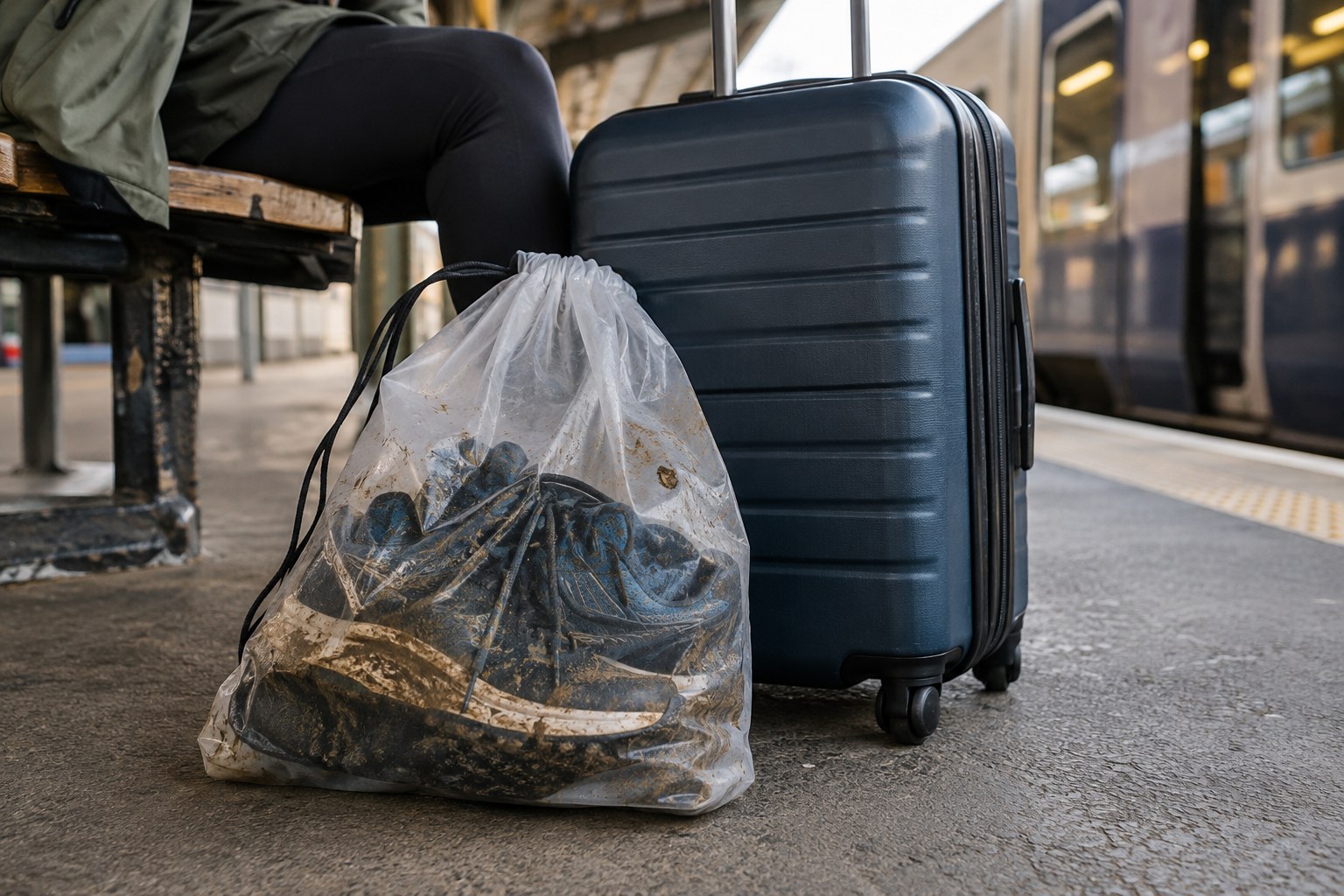 Muddy shoes packed separately beside travel luggage.