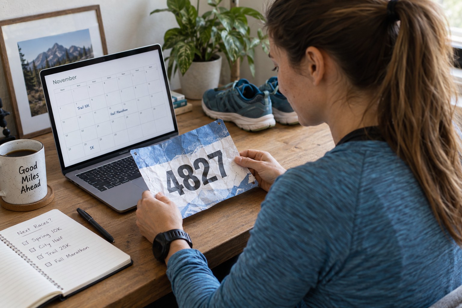 A completed race bib beside a calendar of future plans.