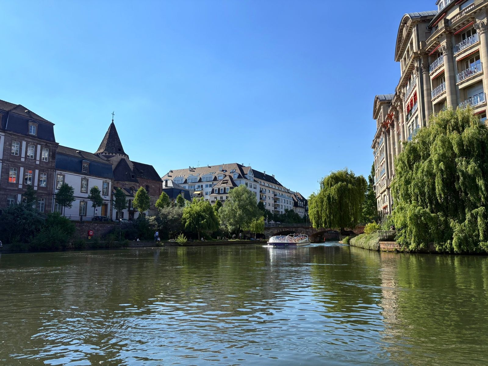 Buildings and trees beside a waterway in Strasbourg.