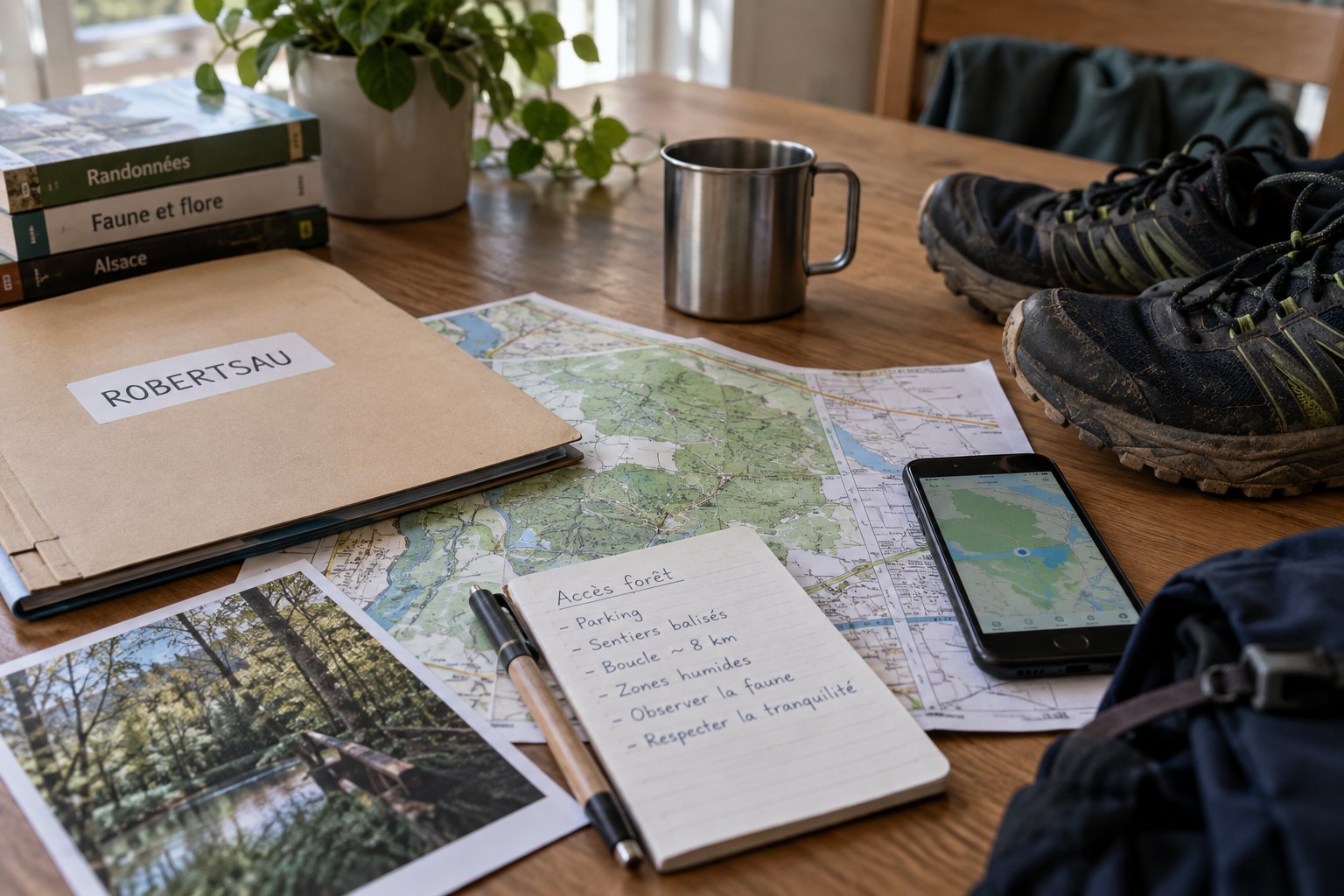 Planning materials labelled Robertsau beside a phone and shoes.