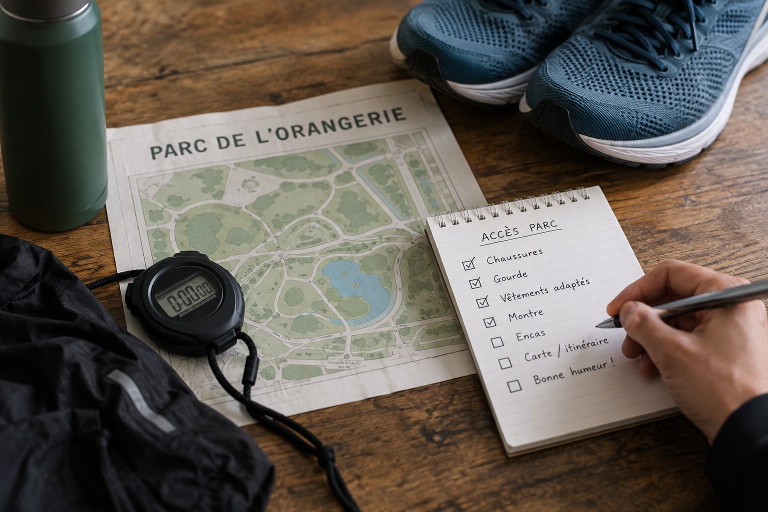 Planning materials for the Parc de l’Orangerie with a stopwatch.