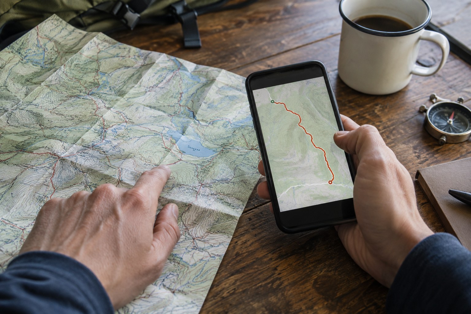A paper terrain map compared with a phone route display.
