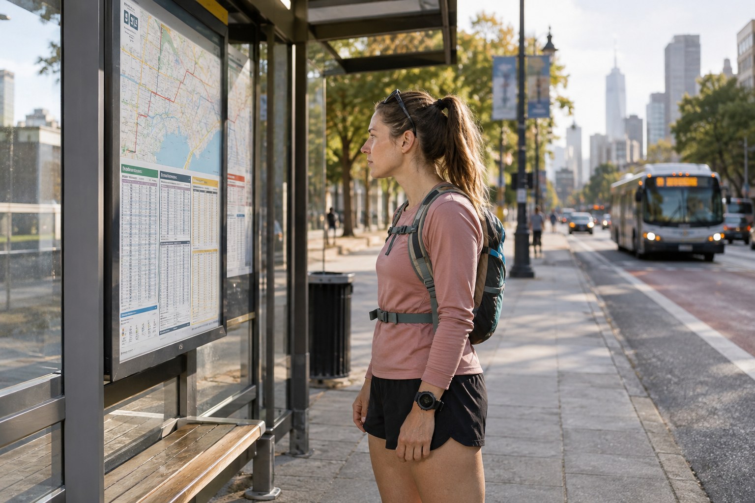 A runner consults a bus-stop timetable with a small pack.