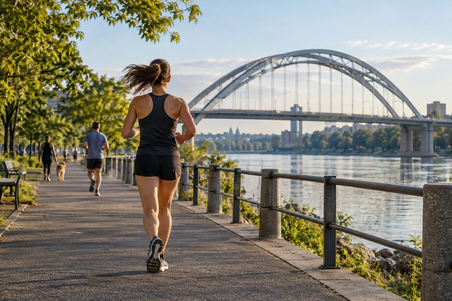 A riverside path leads towards a distinct footbridge.
