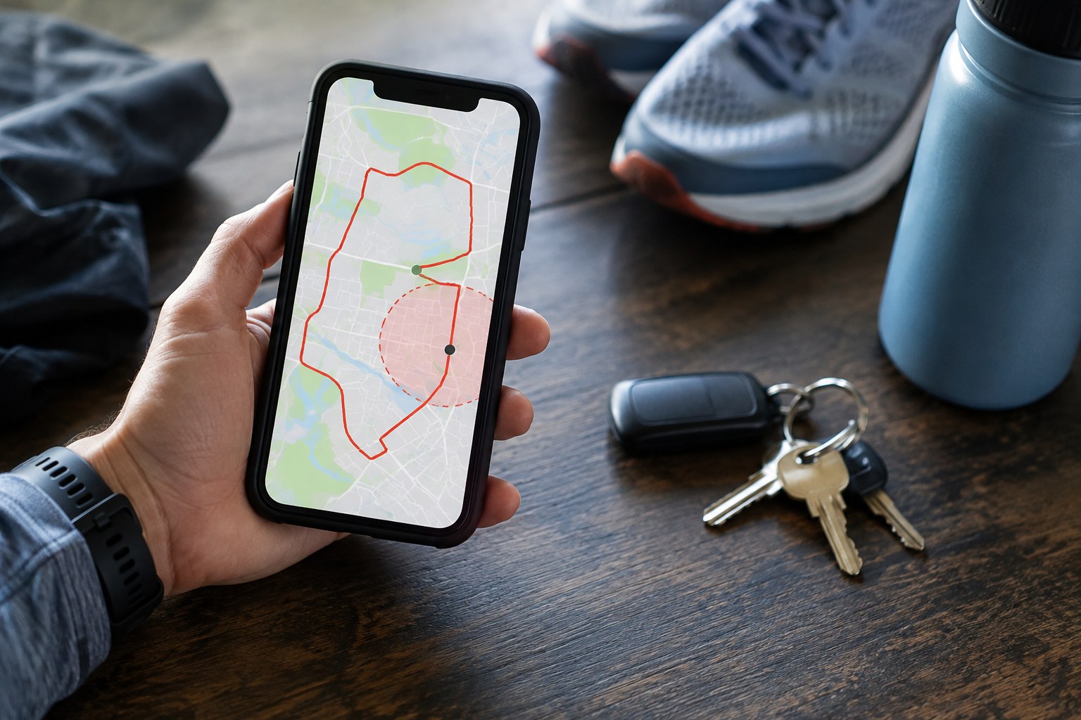 A phone displays an illustrative privacy boundary around a route.