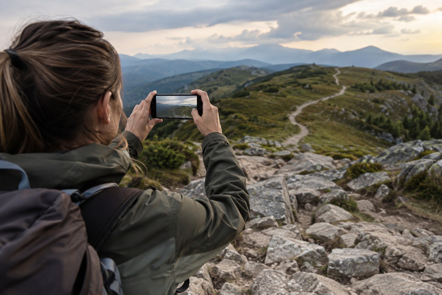 A phone frames a distant trail above rough nearby stones.